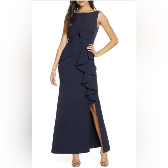 ELIZA J Navy Ruffle Front Gown 10 - Picture 3 of 10